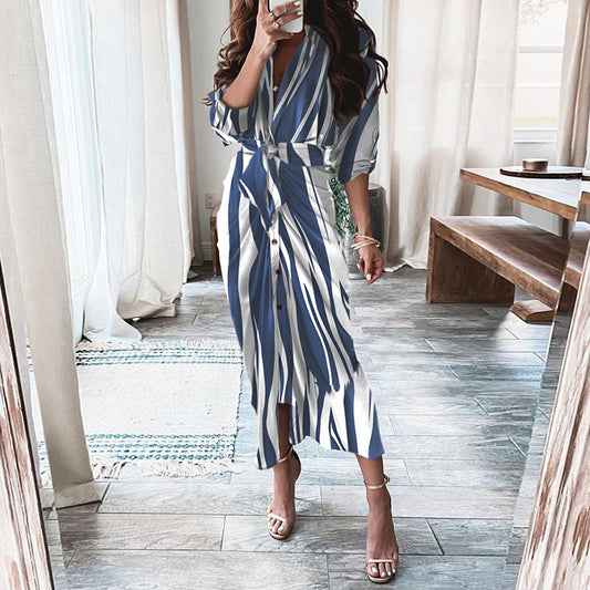 European And American Print Long-Sleeved Lace-Up Single-Breasted Shirt Dress - MANDOTOS