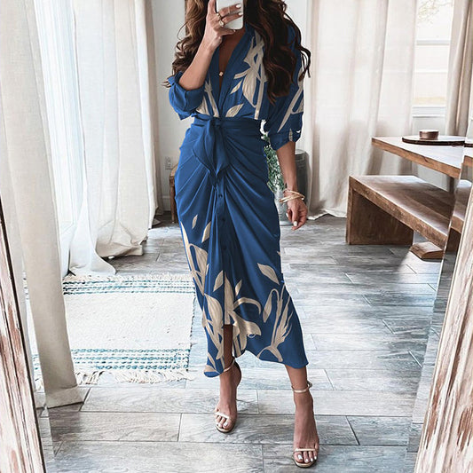 European And American Print Long-Sleeved Lace-Up Single-Breasted Shirt Dress - MANDOTOS