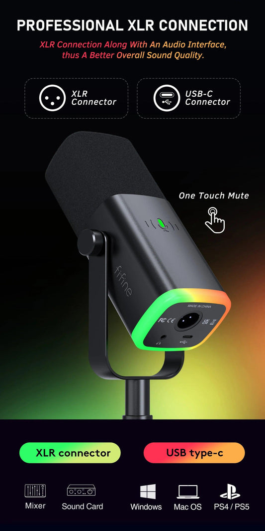 FIFINE USB/XLR Dynamic Microphone with Touch Mute Button,Headphone jack,I/O Controls,for PC PS5/4 mixer,Gaming MIC Ampligame AM8 - MANDOTOS