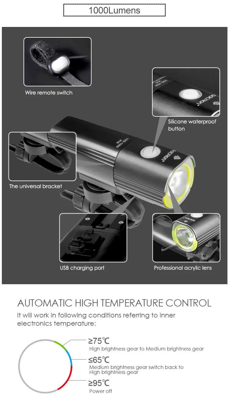 GACIRON 400 - 1800 Lumens Bicycle Front Light USB Rechargeable Cycling Headlight Flashlight MTB Road Bike Waterproof LED Head Lamp - MANDOTOS