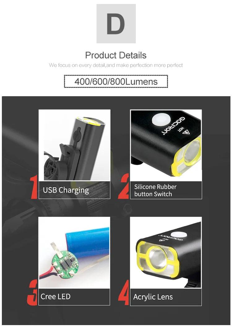 GACIRON 400 - 1800 Lumens Bicycle Front Light USB Rechargeable Cycling Headlight Flashlight MTB Road Bike Waterproof LED Head Lamp - MANDOTOS