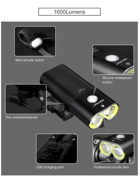 GACIRON 400-1800 Lumens Bicycle Front Light USB Rechargeable Cycling Headlight Flashlight MTB Road Bike Waterproof LED Head Lamp - MANDOTOS