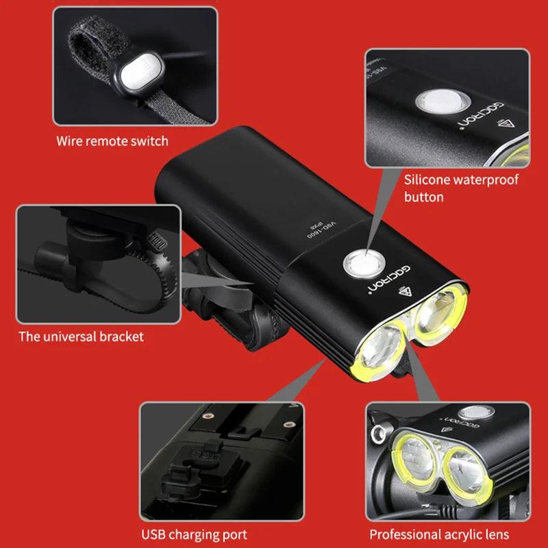 GACIRON 400 - 1800 Lumens Bicycle Front Light USB Rechargeable Cycling Headlight Flashlight MTB Road Bike Waterproof LED Head Lamp - MANDOTOS