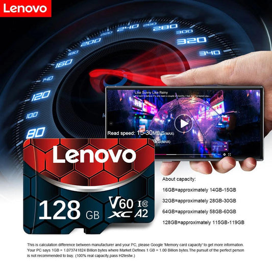 Lenovo Memory Card 128GB Class 10 V60 TF Card 2TB 1TB 512GB 256GB A2 U3 Micro SD Card For Mobile Phone PC Speaker HD Camera - MANDOTOS