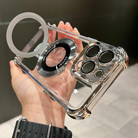 Luxury Plating Shockproof Magnetic Bracket For Magsafe Clear Case For iPhone 15 16 14 13 12 11 Pro Max With Holder Stand Cover - MANDOTOS