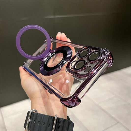 Luxury Plating Shockproof Magnetic Bracket For Magsafe Clear Case For iPhone 15 16 14 13 12 11 Pro Max With Holder Stand Cover - MANDOTOS