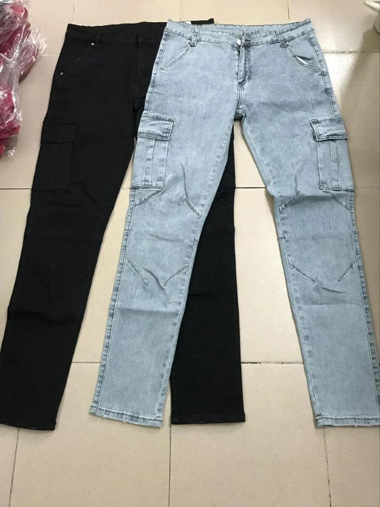 Men Street Elastic Denim Jeans Wash Solid Color Multi Pockets Cargo Pants Casual Slim Fit Daily Wear Joggers Mid Waist Trousers - MANDOTOS