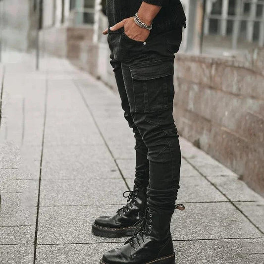 Men Street Elastic Denim Jeans Wash Solid Color Multi Pockets Cargo Pants Casual Slim Fit Daily Wear Joggers Mid Waist Trousers - MANDOTOS