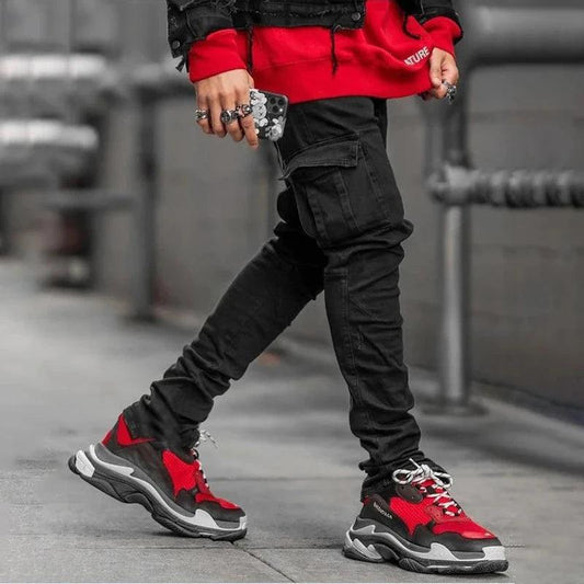 Men Street Elastic Denim Jeans Wash Solid Color Multi Pockets Cargo Pants Casual Slim Fit Daily Wear Joggers Mid Waist Trousers - MANDOTOS