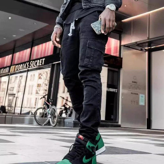 Men Street Elastic Denim Jeans Wash Solid Color Multi Pockets Cargo Pants Casual Slim Fit Daily Wear Joggers Mid Waist Trousers - MANDOTOS