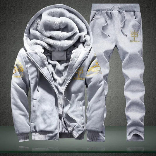 Men's autumn and winter sports set hooded casual cardigan jacket outdoor thickened warm sports shirt+pants two-piece set - MANDOTOS