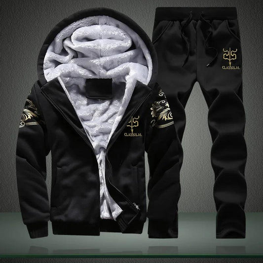 Men's autumn and winter sports set hooded casual cardigan jacket outdoor thickened warm sports shirt+pants two-piece set - MANDOTOS