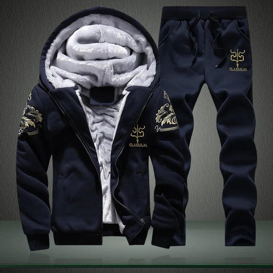 Men's autumn and winter sports set hooded casual cardigan jacket outdoor thickened warm sports shirt+pants two-piece set - MANDOTOS