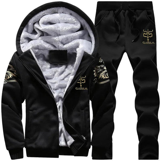 Men's autumn and winter sports set hooded casual cardigan jacket outdoor thickened warm sports shirt+pants two-piece set - MANDOTOS