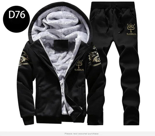Men's autumn and winter sports set hooded casual cardigan jacket outdoor thickened warm sports shirt+pants two-piece set - MANDOTOS