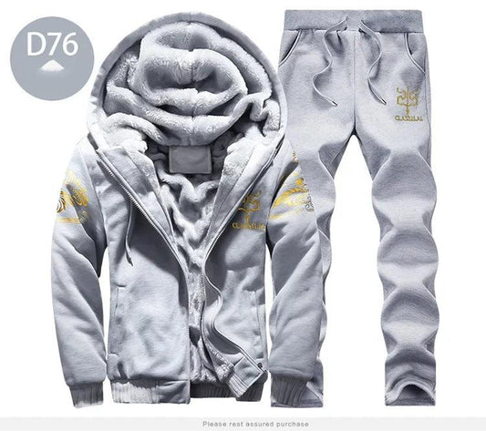 Men's autumn and winter sports set hooded casual cardigan jacket outdoor thickened warm sports shirt+pants two-piece set - MANDOTOS