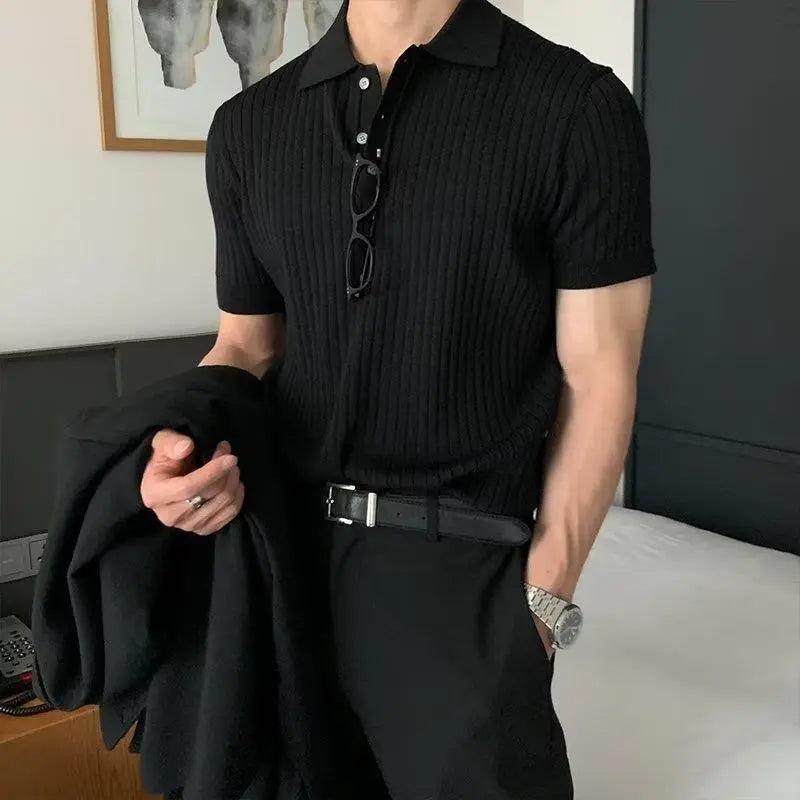 Men's Textured Knit Lapel Polo - MANDOTOS