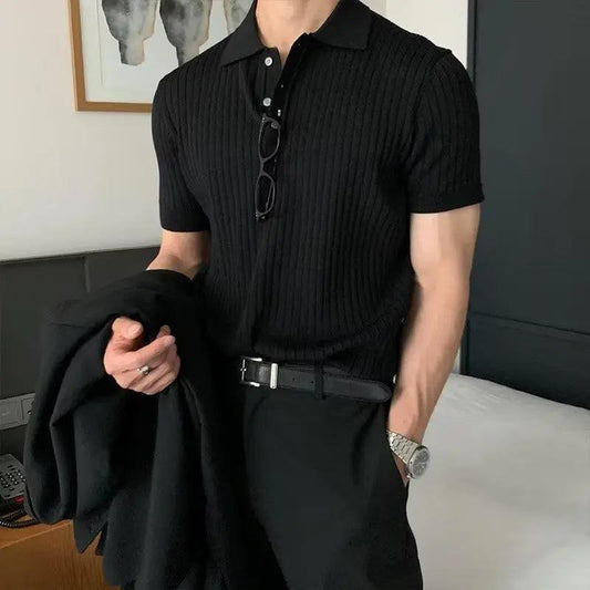 Men's Textured Knit Lapel Polo - MANDOTOS