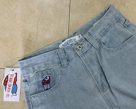 Polar Big Boy Embroidery Jeans Y2K Pants Streetwear Gothic Cartoon Blue Baggy Jeans Retro Punk Rock High Waist Denim Trousers - MANDOTOS