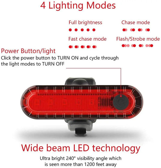 Rear Bike Tail Light USB Rechargeable Red Ultra Bright Taillights Fit On Bicycle Easy to Install for Cycling Safety - MANDOTOS