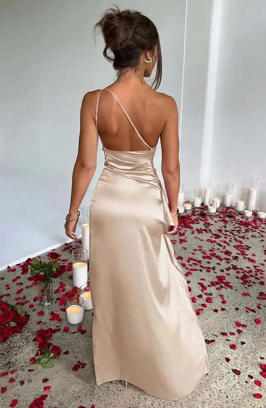 Satin Elegance One-Shoulder Prom Gown - MANDOTOS