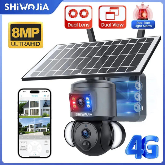 SHIWOJIA 4K 8MP Solar Camera 4G SIM /WIFI Security Outdoor Dual Lens Recording Humanoid Tracking Color Night Vision PTZ Cam - MANDOTOS