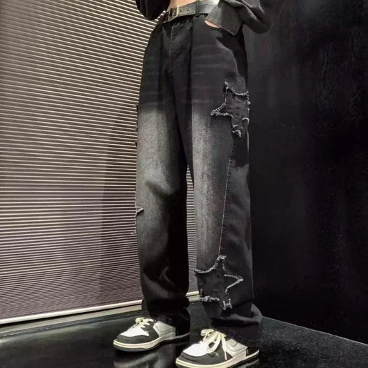 Stars Patchwork Men Jeans New Fashion Y2K Tassel Pants Korea Clothes Straight Hip Hop Splicing Trousers Male Streetwear - MANDOTOS