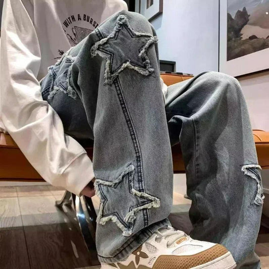 Stars Patchwork Men Jeans New Fashion Y2K Tassel Pants Korea Clothes Straight Hip Hop Splicing Trousers Male Streetwear - MANDOTOS