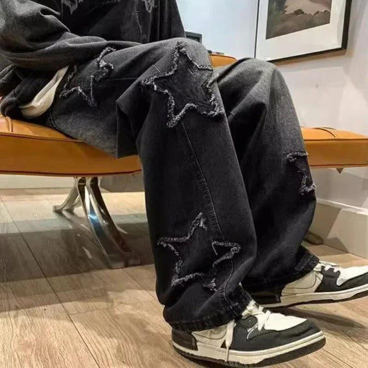 Stars Patchwork Men Jeans New Fashion Y2K Tassel Pants Korea Clothes Straight Hip Hop Splicing Trousers Male Streetwear - MANDOTOS