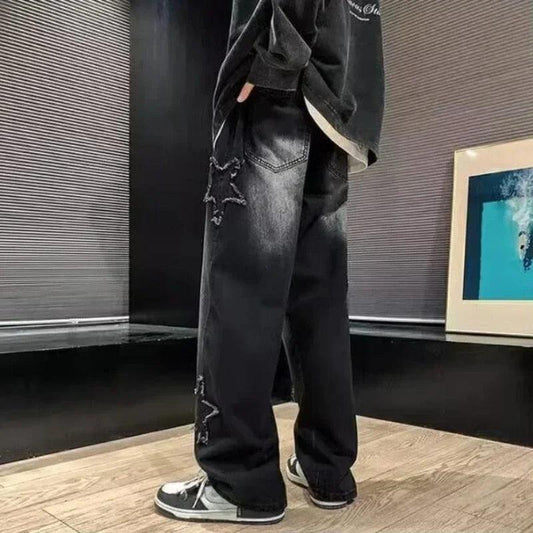 Stars Patchwork Men Jeans New Fashion Y2K Tassel Pants Korea Clothes Straight Hip Hop Splicing Trousers Male Streetwear - MANDOTOS