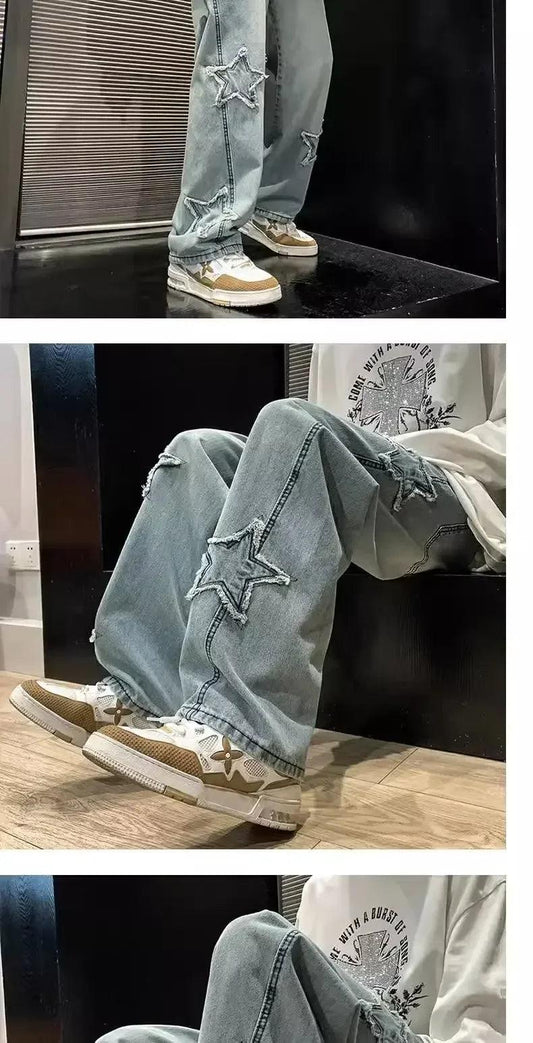 Stars Patchwork Men Jeans New Fashion Y2K Tassel Pants Korea Clothes Straight Hip Hop Splicing Trousers Male Streetwear - MANDOTOS