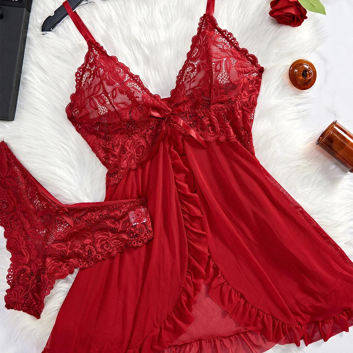 Transparent Red Sexy Lingerie Women's Underwear See Through Sleepwear Lace Nightdress And Panty Pijamas Sets Female Sexy Nighty - MANDOTOS