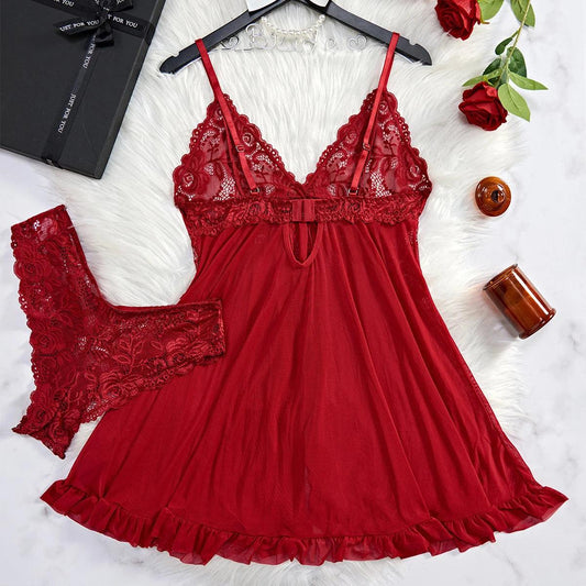 Transparent Red Sexy Lingerie Women's Underwear See Through Sleepwear Lace Nightdress And Panty Pijamas Sets Female Sexy Nighty - MANDOTOS