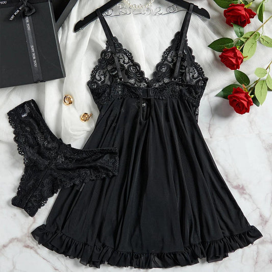 Transparent Red Sexy Lingerie Women's Underwear See Through Sleepwear Lace Nightdress And Panty Pijamas Sets Female Sexy Nighty - MANDOTOS