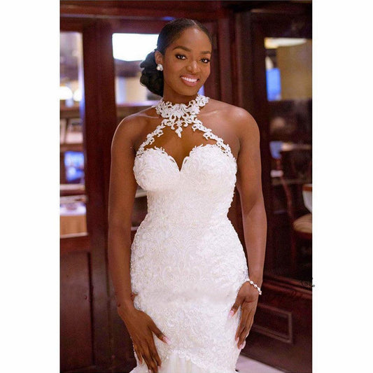 Vintage Lace Beaded Wedding Dresses Sheer Neck Mermaid Bridal Dresses Sexy Cheap Wedding Gowns - MANDOTOS