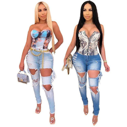 Women's Fashion Ripped High-waisted Slim Feet Pants - MANDOTOS