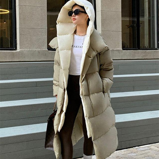 Women's White Duck Down Long Hooded Warm Jacket - MANDOTOS